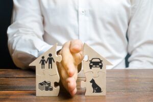 A man shares a house with his palm with images of property, children and pets