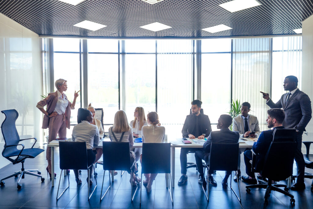 angry businesswoman arguing coworkers african american man scolding employees