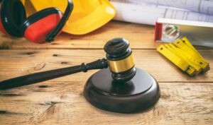 Construction and Labor law. Judge gavel and design tools on table