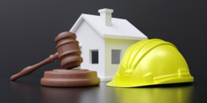 Labor, Construction law. Safety helmet and judge gavel close up