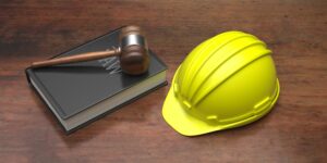 Labor, Construction law. Safety helmet and judge gavel on wooden table