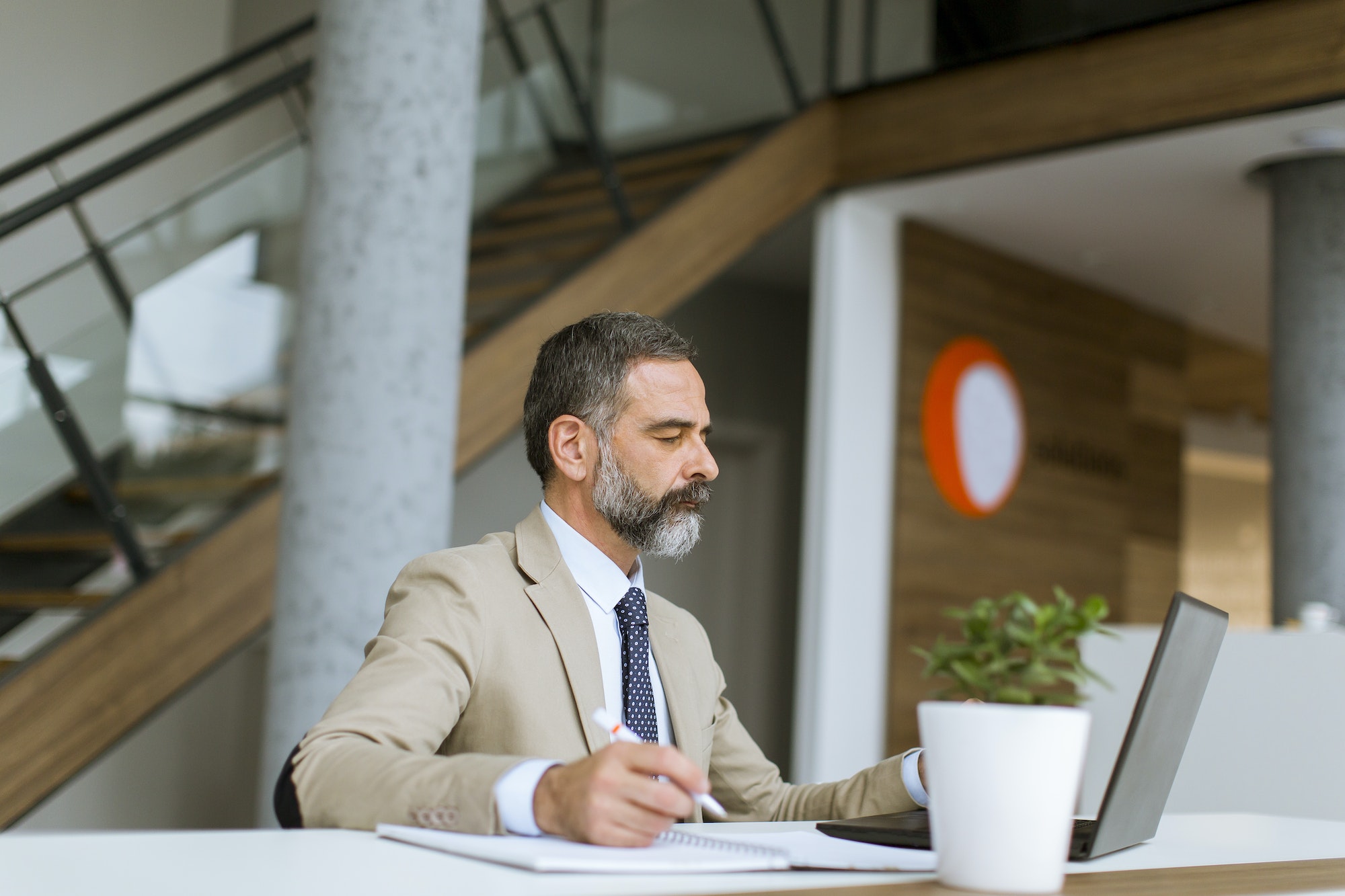 Senior businessman gray hair working on laptop in modern office